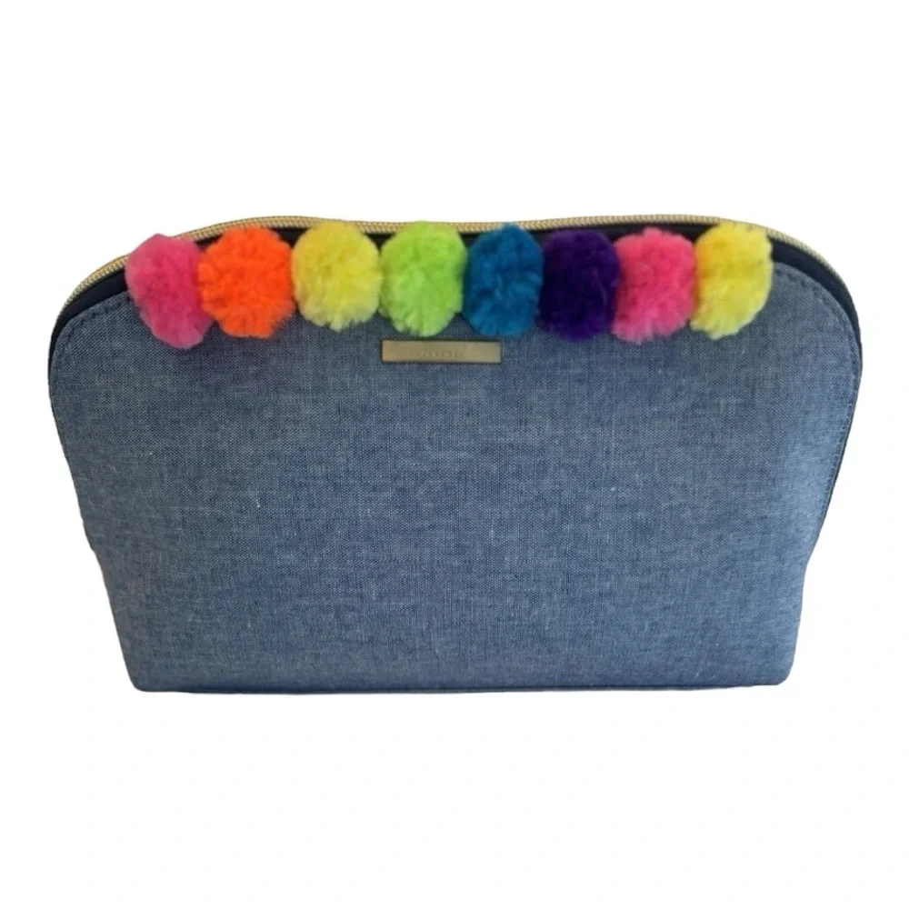 Kestrel Denim Cosmetic Bag Rainbow Pom Pom Makeup Pouch Travel Case - Picture 3 of 9